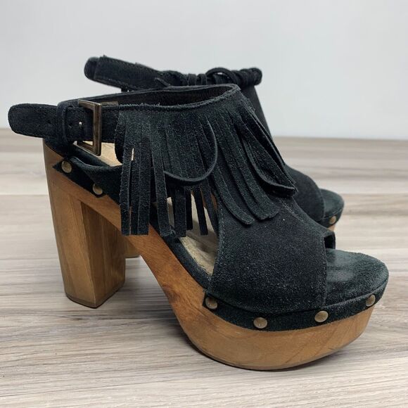 Five Worlds Platform Heel Sandal Black 37 7 Suede Fringe Wood Boho Ankle Strap - Picture 1 of 12